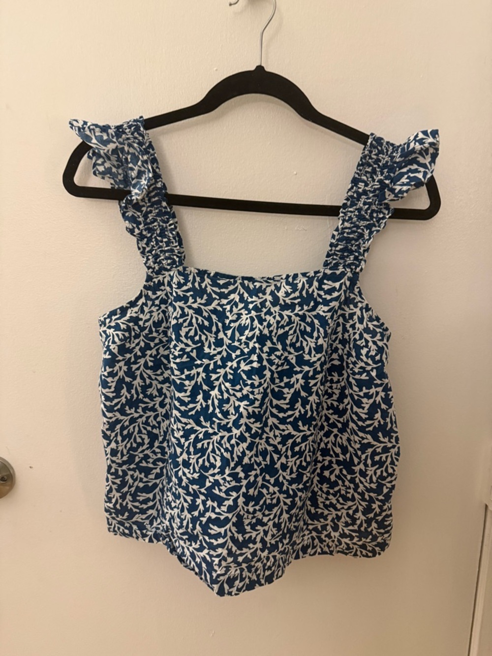 J. Crew Blue and White Floral Ruffle Strap Tank Top